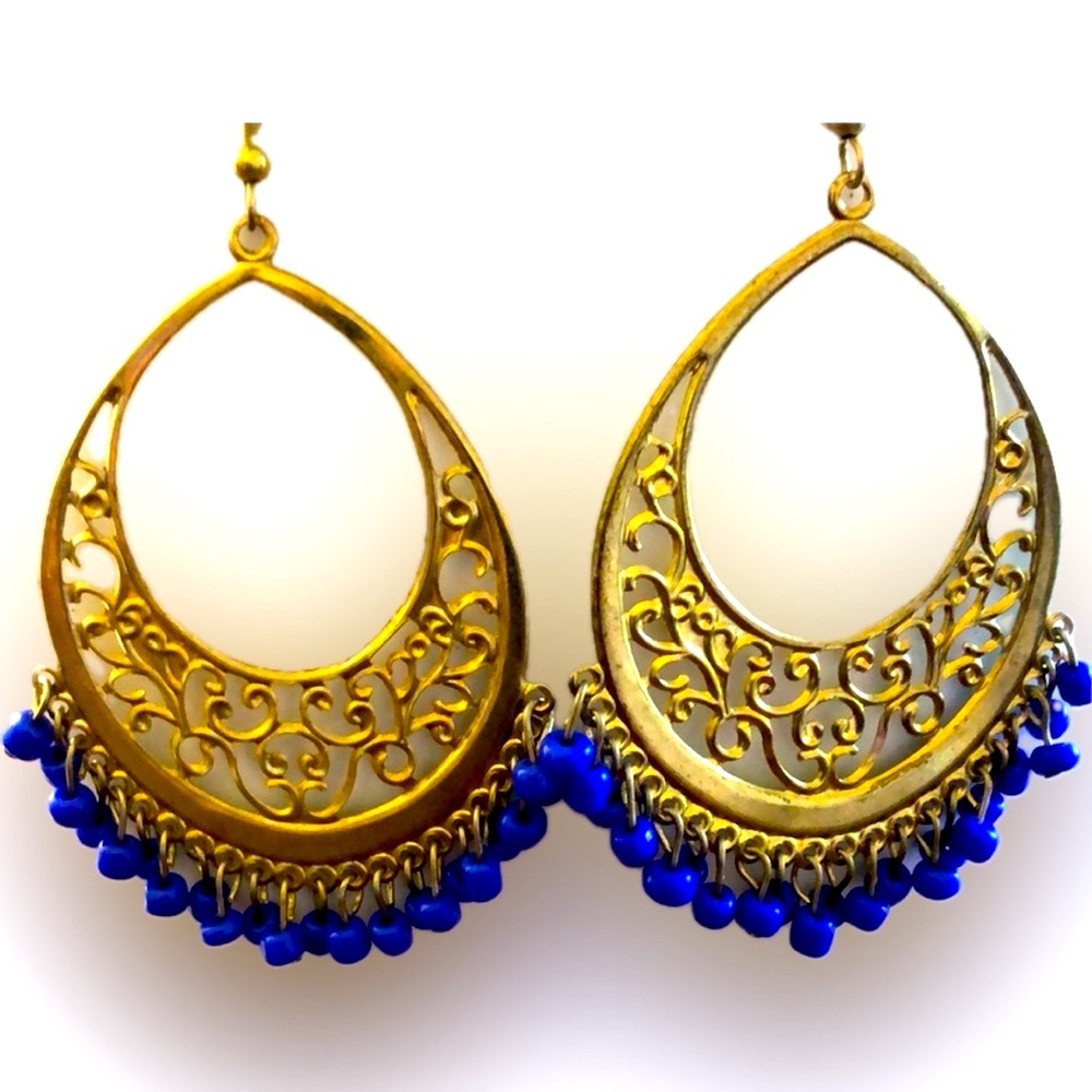 Women's blue and gold jhumkas dangle earrings